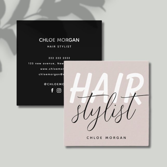 Modern hair stylist script dusty pink square business card (Creator Uploaded)