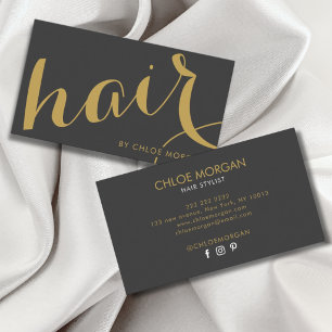 Modern hair stylist script grey gold  business card