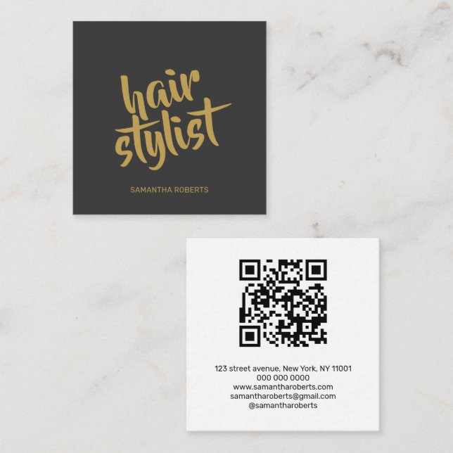 Modern hair stylist script grey gold qr code  square business card (Front/Back)