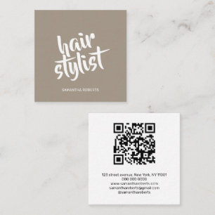 Modern hair stylist script light brown qr code  square business card