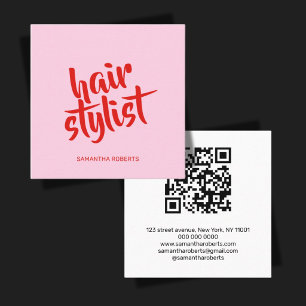 Modern hair stylist script pink red qr code square business card
