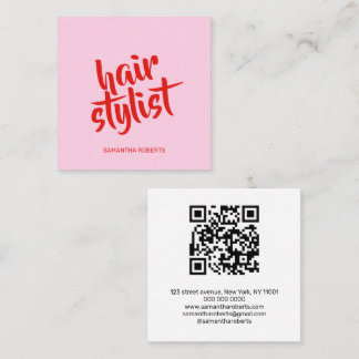 Modern hair stylist script pink red qr code  square business card