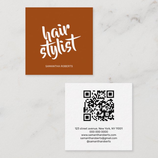 Modern hair stylist script terracotta qr code  square business card (Front/Back)