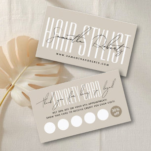 Modern hair stylist script typography beige loyalty card
