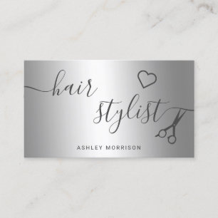 Modern hair stylist silver metallic scissors business card