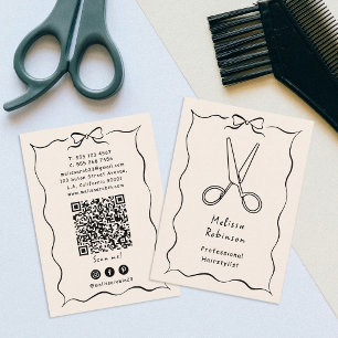 Modern Hairdresser Beige Scissors Coquette QR Code Business Card