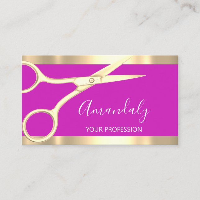 Modern Hairdresser Coiffeur Scissors Bright Pink Business Card (Front)