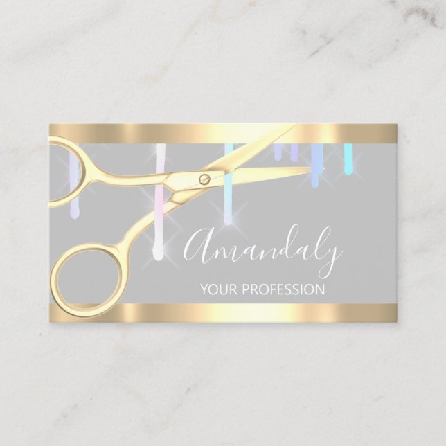 Modern Hairdresser Coiffeur Scissors Drips Grey Business Card (Front)