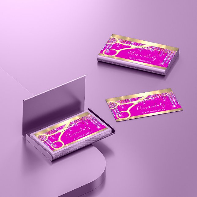 Modern Hairdresser Coiffeur Scissors Drips Pink Business Card (Creator Uploaded)