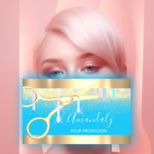 Modern Hairdresser Scissors Drips Gold Blue Business Card