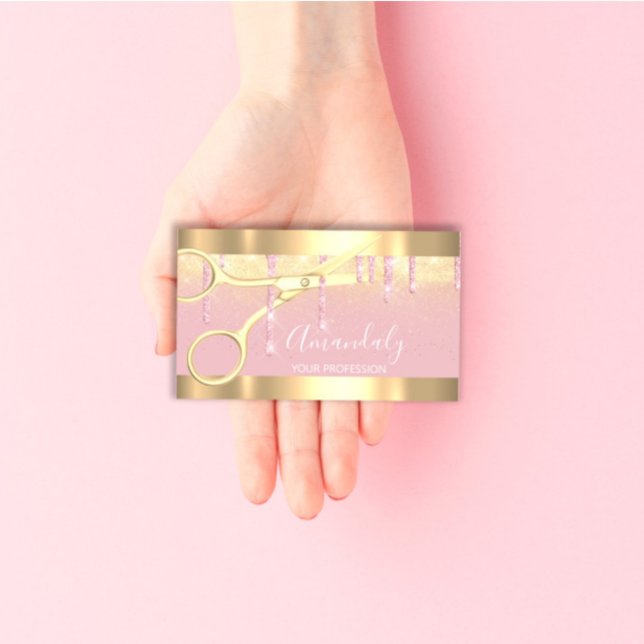 Modern Hairdresser Scissors Drips Gold Pink  Blush Business Card (Modern Hairdresser Scissors Drips Gold Pink Blush Business Card)