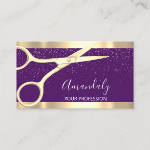 Modern Hairdresser Scissors Purple Gol Confetti Business Card