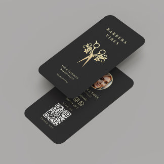 Modern Hairstylist Black Gold Scissors Floral Business Card