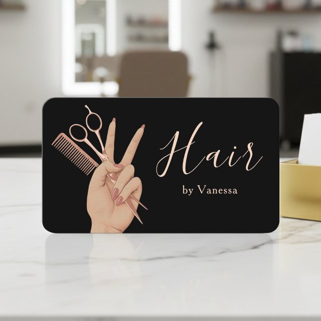 Modern Hairstylist Hairdresser Black Rose Gold Business Card (Creator Uploaded)