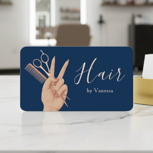 Modern Hairstylist Hairdresser Navy Blue Rose Gold Business Card