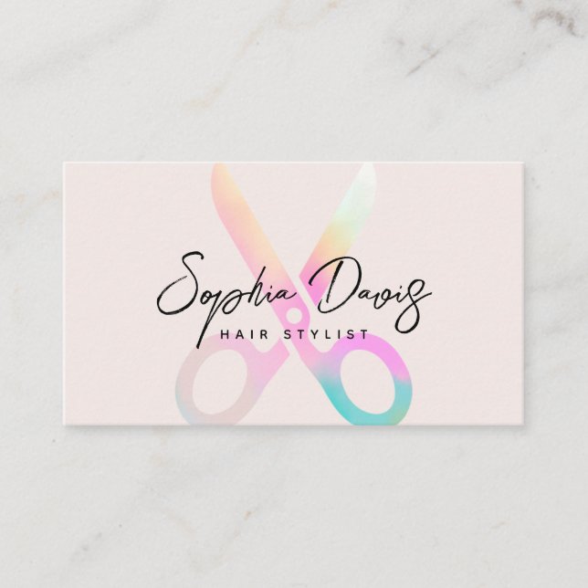 Modern Hairstylist Holograph Scissors Logo Script  Business Card (Front)