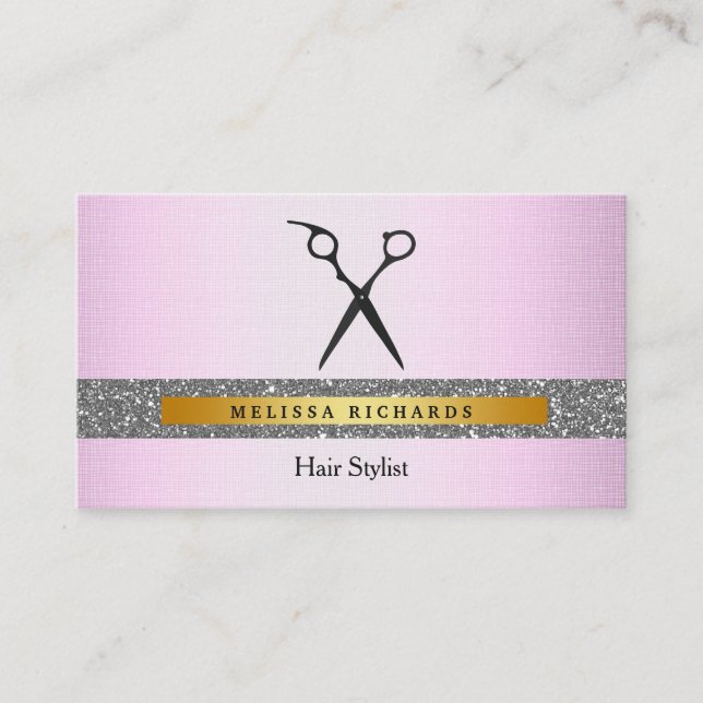 Modern Hairstylist Scissors Logo Sequin Business Card (Front)