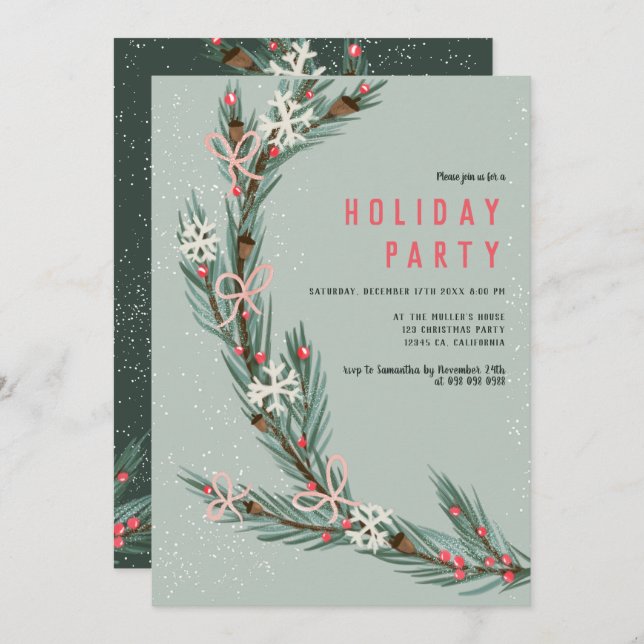 Modern half Christmas wreath green illustration Invitation (Front/Back)
