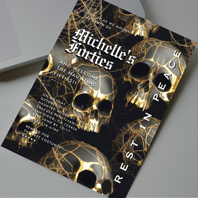 Modern Halloween 50th Birthday Black Gold Skull  Invitation (Modern Halloween 50th Birthday Black Gold Skull Invitation
)