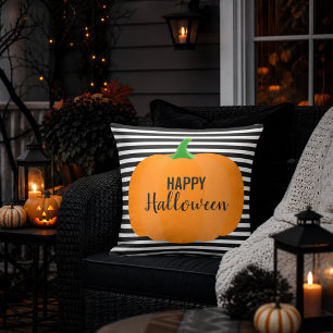 Modern Halloween Black Stripes with Pumpkin Cushion