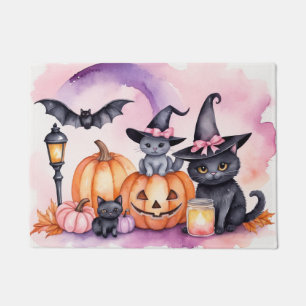 Modern Halloween Orange Pumpkin black cats Bats Doormat