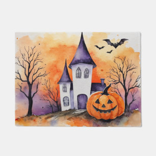 Modern Halloween Orange Pumpkin Haunted House Bats Doormat