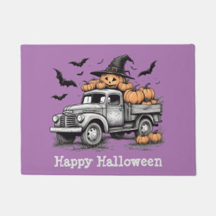 Modern Halloween Orange Pumpkin Truck and Bats Doormat