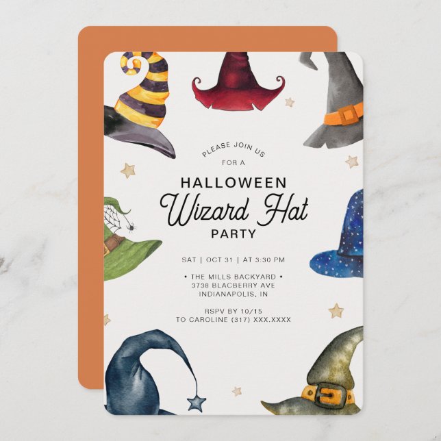 Modern Halloween Orange Wizard Hat Party Invitation (Front/Back)