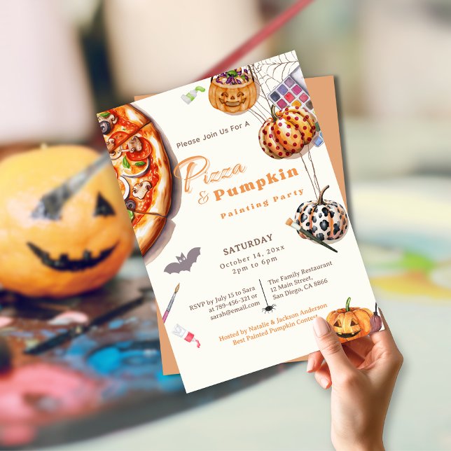 Modern Halloween Pizza & Pumpkin Painting Party  Invitation (Modern Halloween Pizza & Pumpkin Painting Party Invitation)