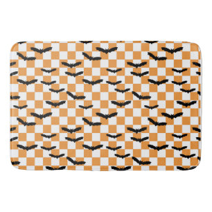 Modern Halloween Spooky Bats Orange Chequerboard Bath Mat