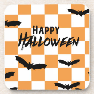 Modern Halloween Spooky Bats Orange Chequerboard Coaster