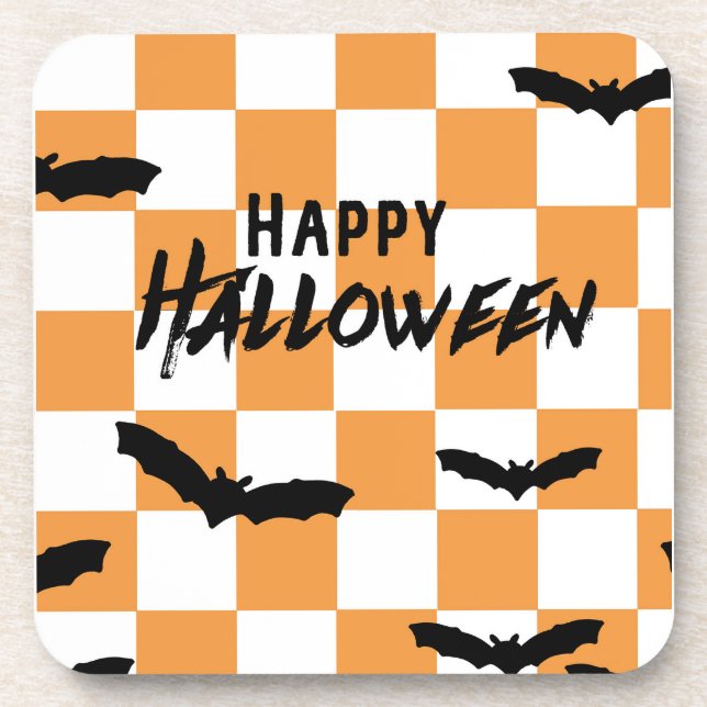 Modern Halloween Spooky Bats Orange Chequerboard Coaster (Front)