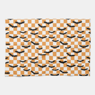 Modern Halloween Spooky Bats Orange Chequerboard Tea Towel