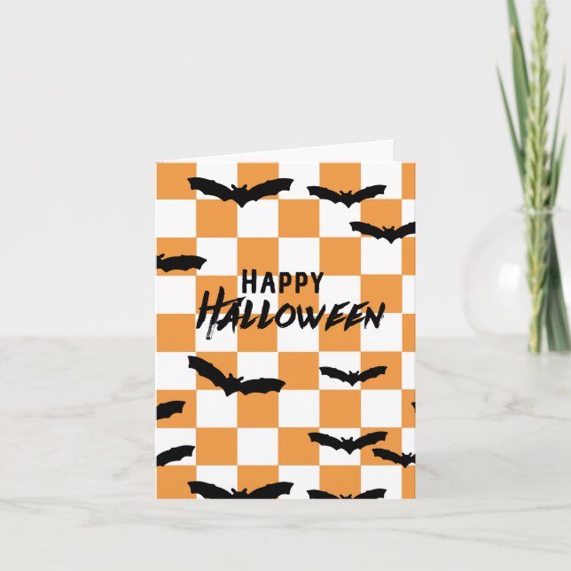 Modern Halloween Spooky Bats Orange Chequerboard Thank You Card (Front)