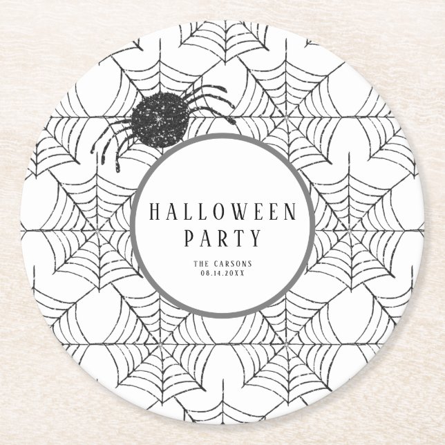 Modern Halloween Tableware Black White Spider Web Round Paper Coaster (Front)