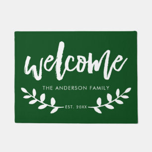 Modern Hand Brushed Font Leaf Personalised Green Doormat