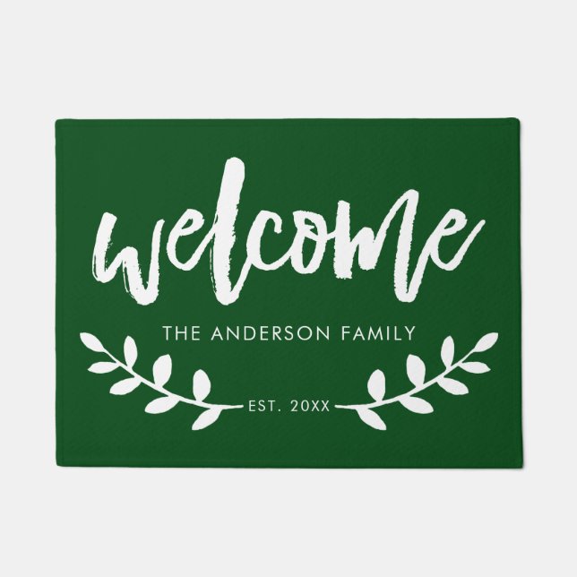 Modern Hand Brushed Font Leaf Personalised Green Doormat (Front)