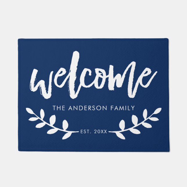 Modern Hand Brushed Font Leaf Personalised Navy Doormat (Front)