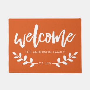 Modern Hand Brushed Font Leaf Personalised Orange Doormat