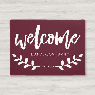 Modern Hand Brushed Leaf Personalised Burgundy Doormat