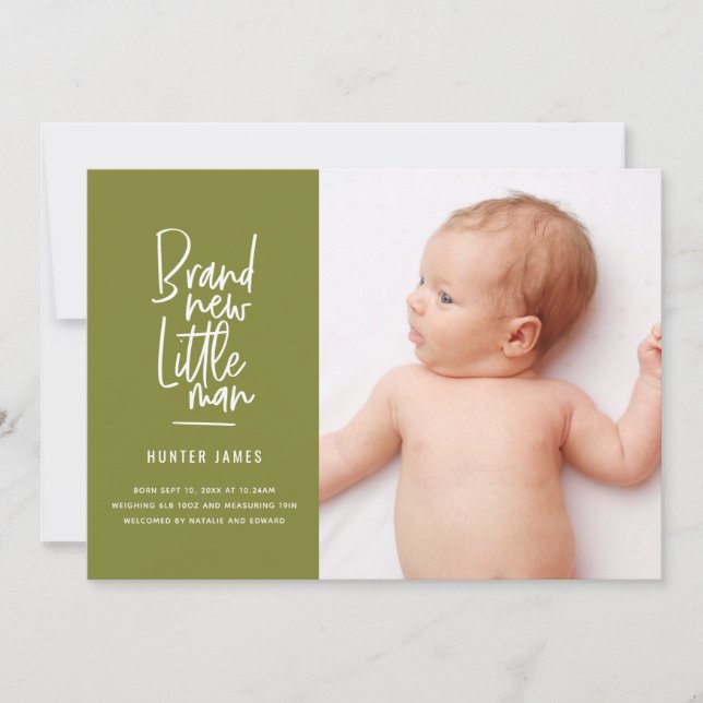 Modern hand drawn baby boy birth announcement (Front)