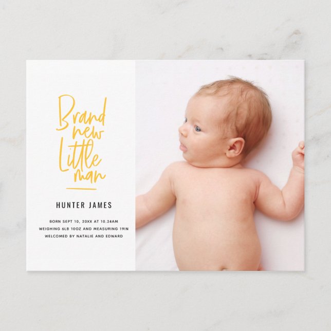 Modern hand drawn baby boy birth announcement (Front)