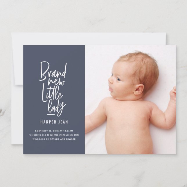 Modern hand drawn baby girl birth announcement (Front)