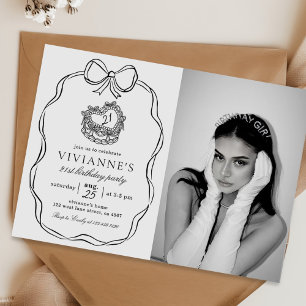 Modern Hand Drawn Black Bow Girl Birthday Photo Invitation