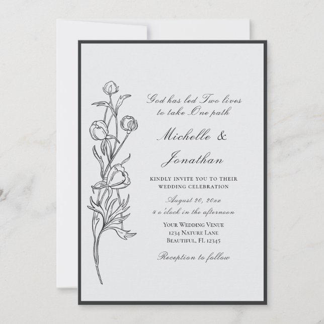 Modern Hand Drawn Black Flowers Christian Wedding Invitation (Front)