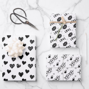 modern hand drawn black & white hearts wrapping paper sheet