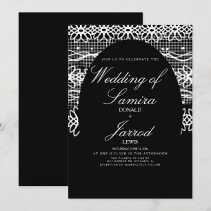 Modern Hand Drawn Black White Lace Wedding Invitation