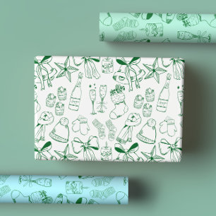 Modern Hand Drawn Blue Green Christmas Celebration Wrapping Paper Sheet