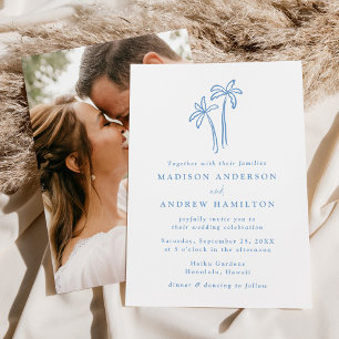 Modern Hand-Drawn Blue Palm Trees Photo Wedding Invitation