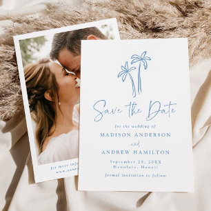 Modern Hand-Drawn Blue Palm Trees Photo Wedding Save The Date
